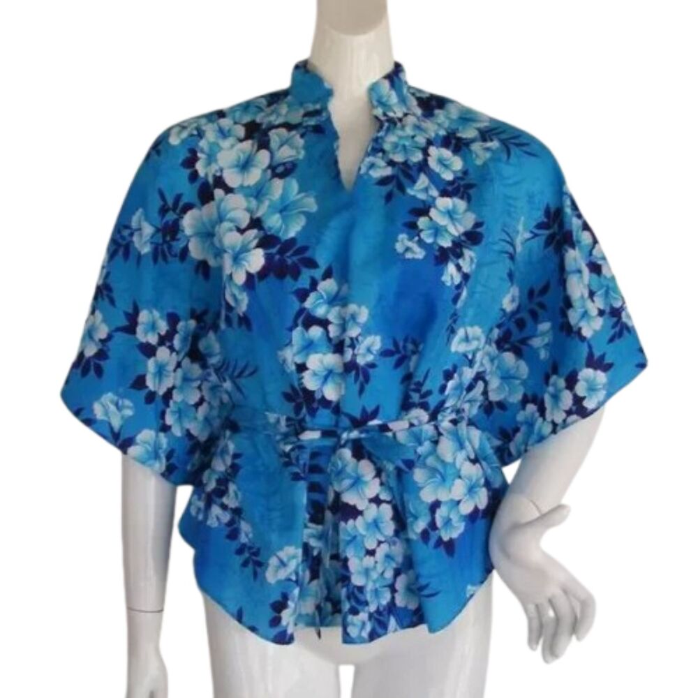 Vintage Hawaiian Top, OS, Half Caftan, Sash belt, Blue Floral